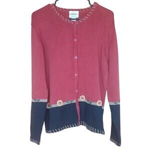 Christopher & Banks Cardigan Womens Large Burgundy Blue Hand Embroidered Flowers